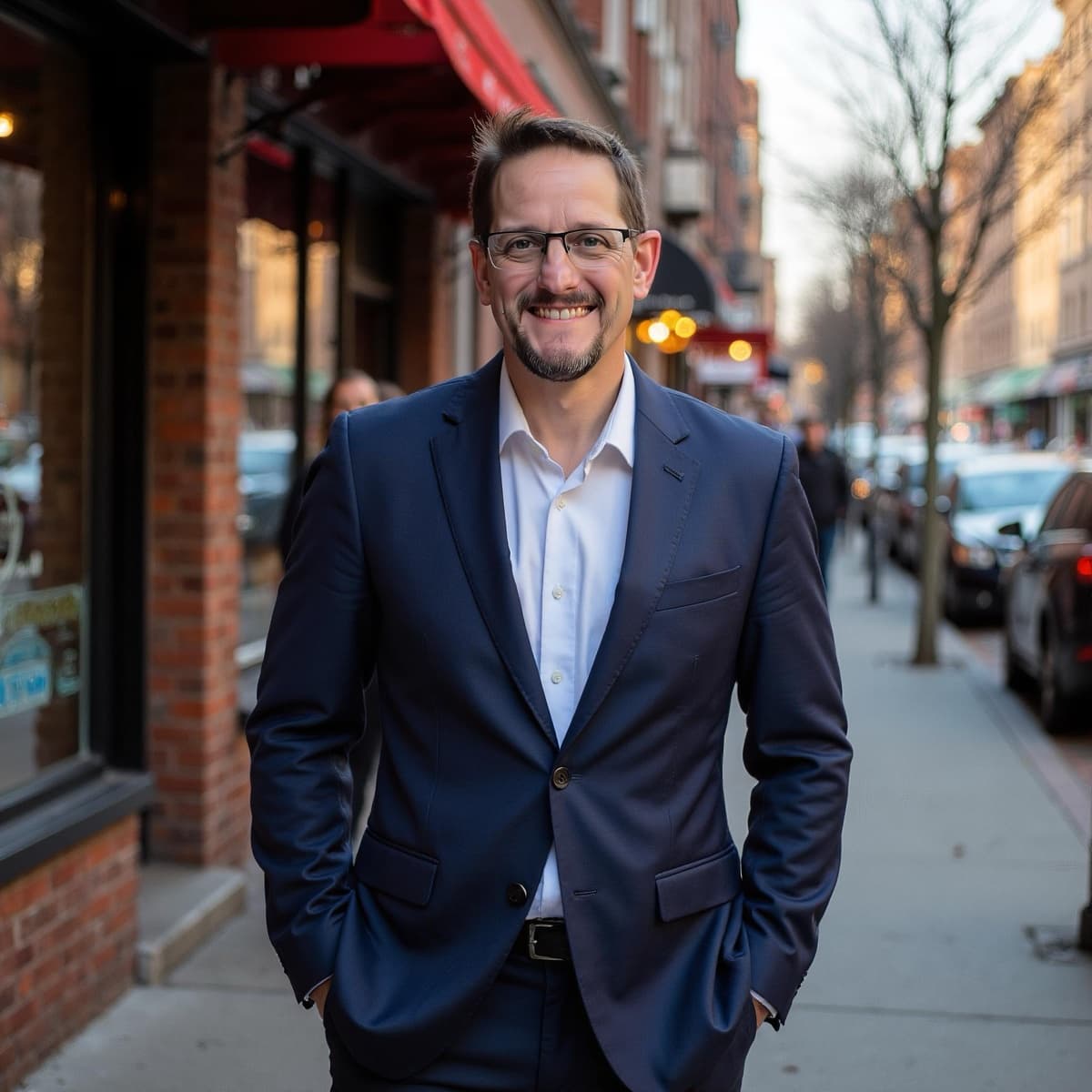 Dr. Eric C. Mason, Founder and Senior Consultant of NovaEventus — smiling, in a navy suit and glasses on a city sidewalk